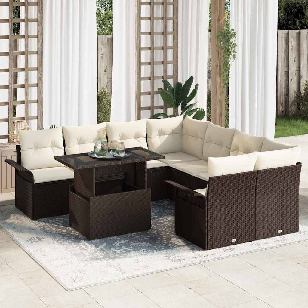 Salon de jardin 8 places 9 pcs en poly rotin avec table basse pour terrasse Marron - ComfortXL Outdoor Living - Image 1