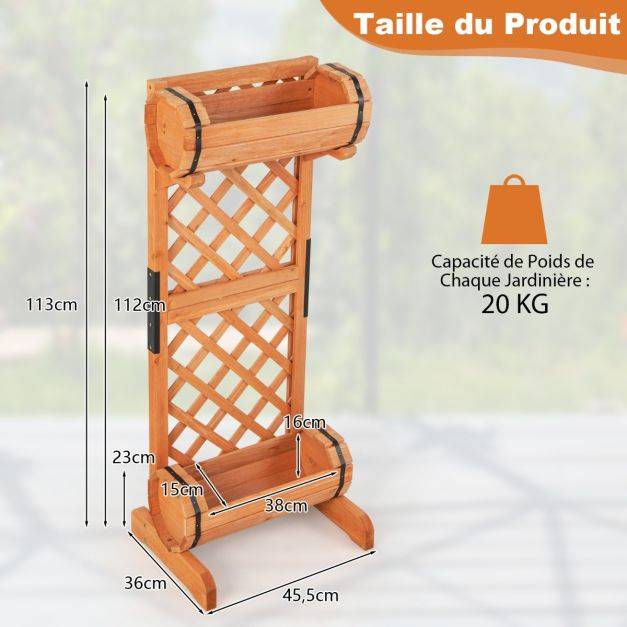Helloshop26 - Jardinière à 2 niveaux avec treillis en bois de sapin 45,5 x 36 x 113 cm bac à fleurs cylindrique pour plante grimpante vigne - Imagen 3