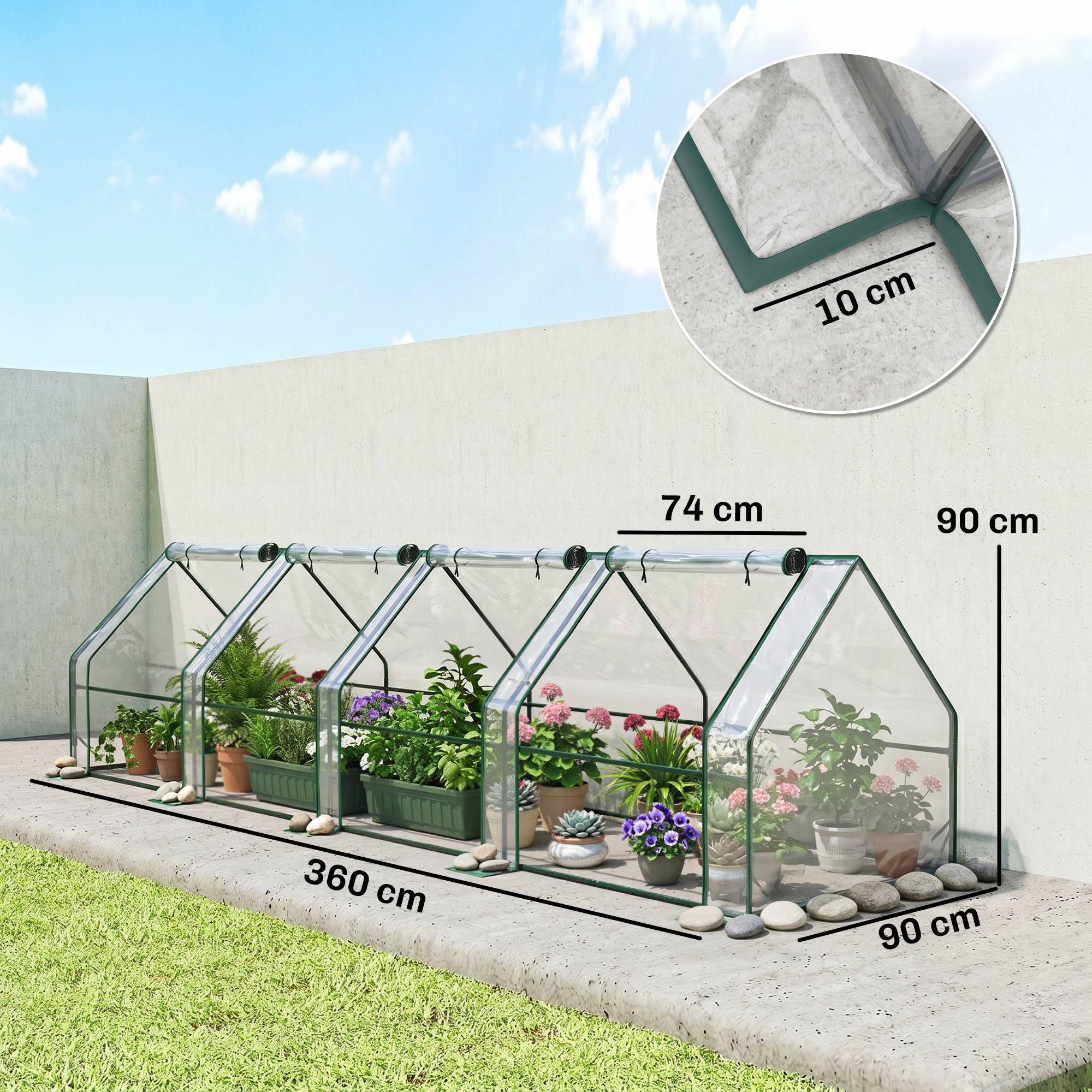 ComfortXL - Serre tunnel basse en acier et PVC 360 x 90 x 90 cm transparente avec 4 portes zippées pour potager urbain - Image 3