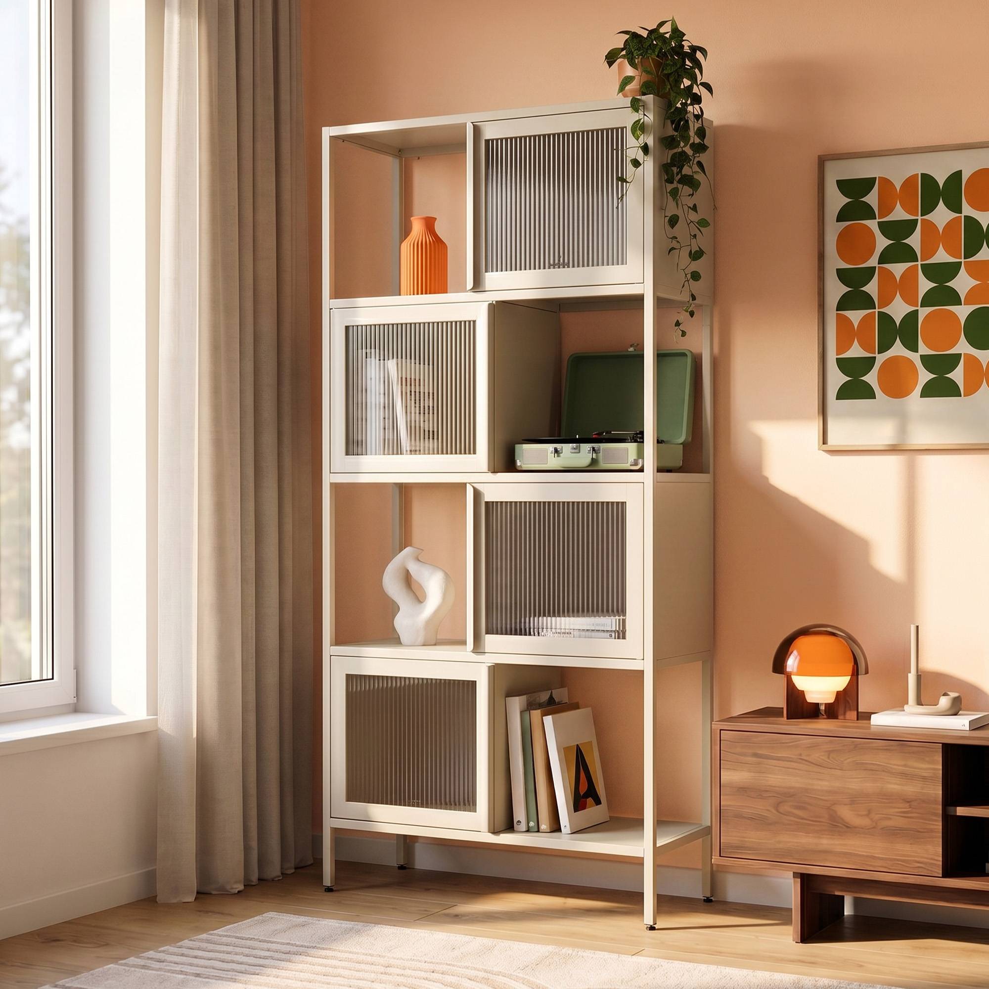 Sicaan Etagères Industrielle en métal H170 cm 4 Portes 4 niches Beige et Verre cannelé Kiara