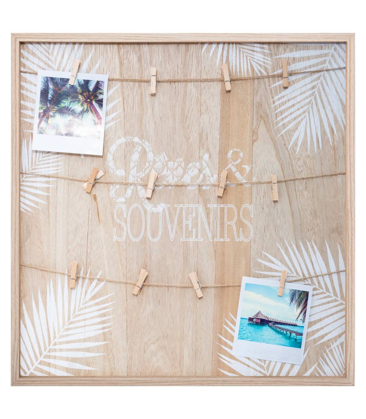 Porte Photos mural en Bois avec suspension cordes et pinces 48 x 48 cm - Imagen 1