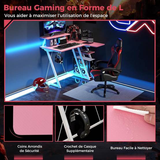 Bureau Gaming d'angle 107 x 80 cm, Bureau d'ordinateur en Forme de L avec Support d'écran, 2 Prises Électriques et 2 Ports USB, Rose - Image 7