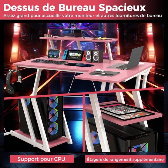 Bureau Gaming d'angle 107 x 80 cm, Bureau d'ordinateur en Forme de L avec Support d'écran, 2 Prises Électriques et 2 Ports USB, Rose - Image 8