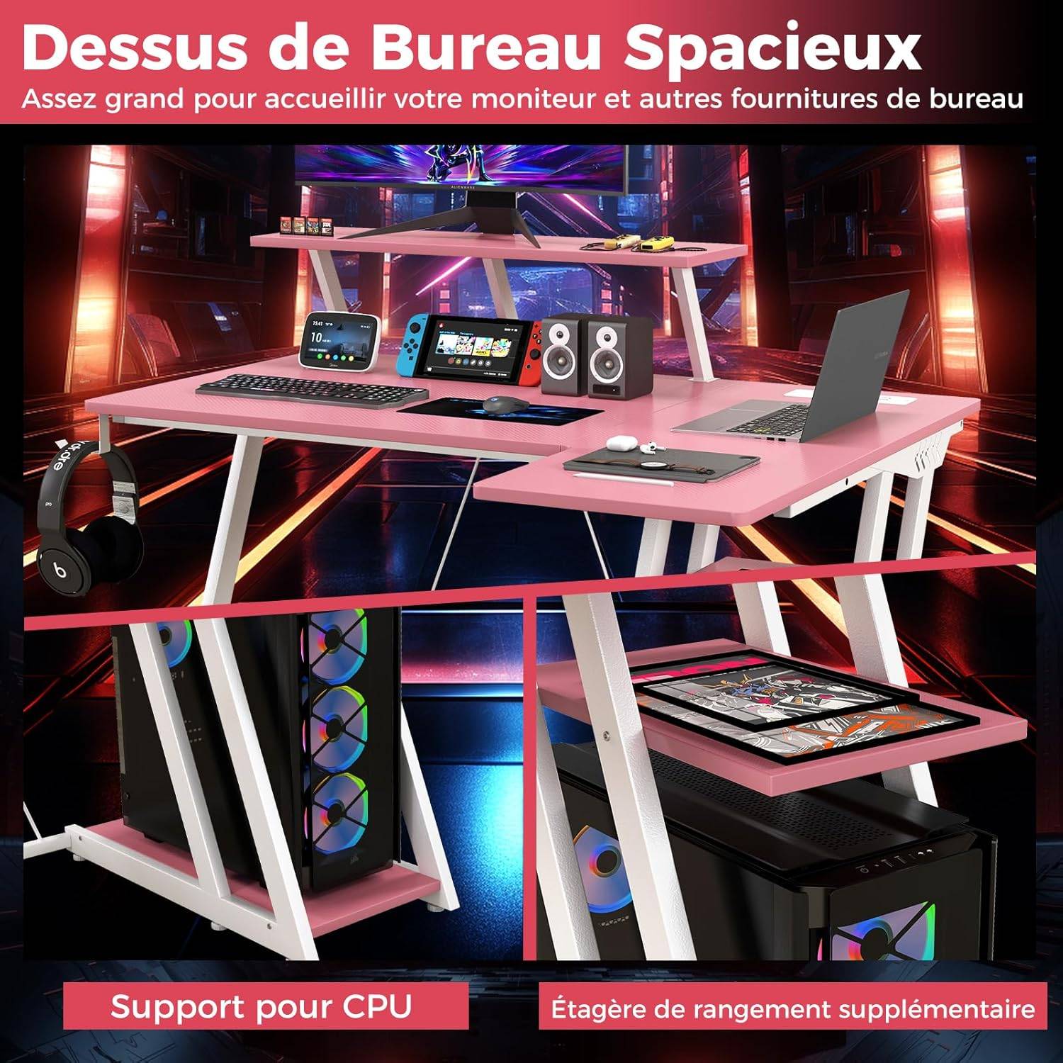 Bureau Gaming d'angle 107 x 80 cm, Bureau d'ordinateur en Forme de L avec Support d'écran, 2 Prises Électriques et 2 Ports USB, Rose - Image 8