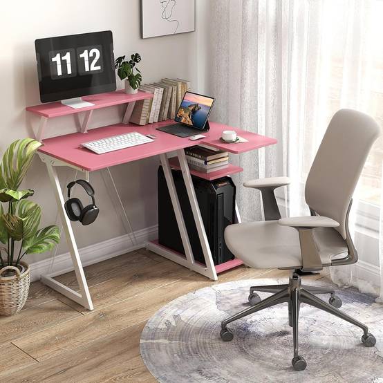 Bureau Gaming d'angle 107 x 80 cm, Bureau d'ordinateur en Forme de L avec Support d'écran, 2 Prises Électriques et 2 Ports USB, Rose - Image 4