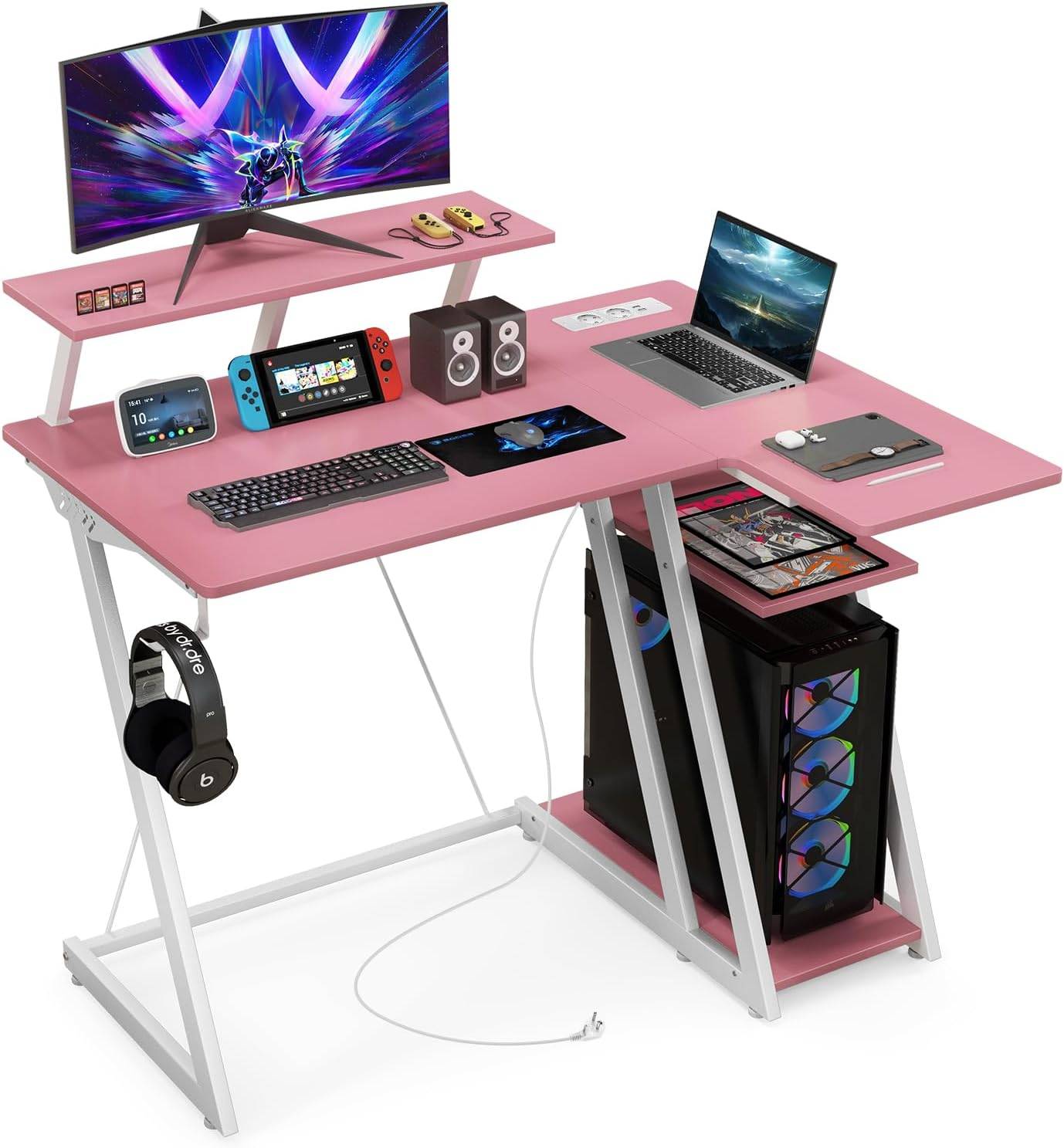 Bureau Gaming d'angle 107 x 80 cm, Bureau d'ordinateur en Forme de L avec Support d'écran, 2 Prises Électriques et 2 Ports USB, Rose - Image 1