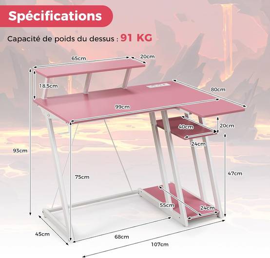 Bureau Gaming d'angle 107 x 80 cm, Bureau d'ordinateur en Forme de L avec Support d'écran, 2 Prises Électriques et 2 Ports USB, Rose - Image 3