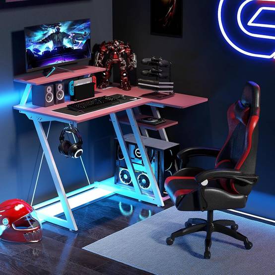 Bureau Gaming d'angle 107 x 80 cm, Bureau d'ordinateur en Forme de L avec Support d'écran, 2 Prises Électriques et 2 Ports USB, Rose - Image 2
