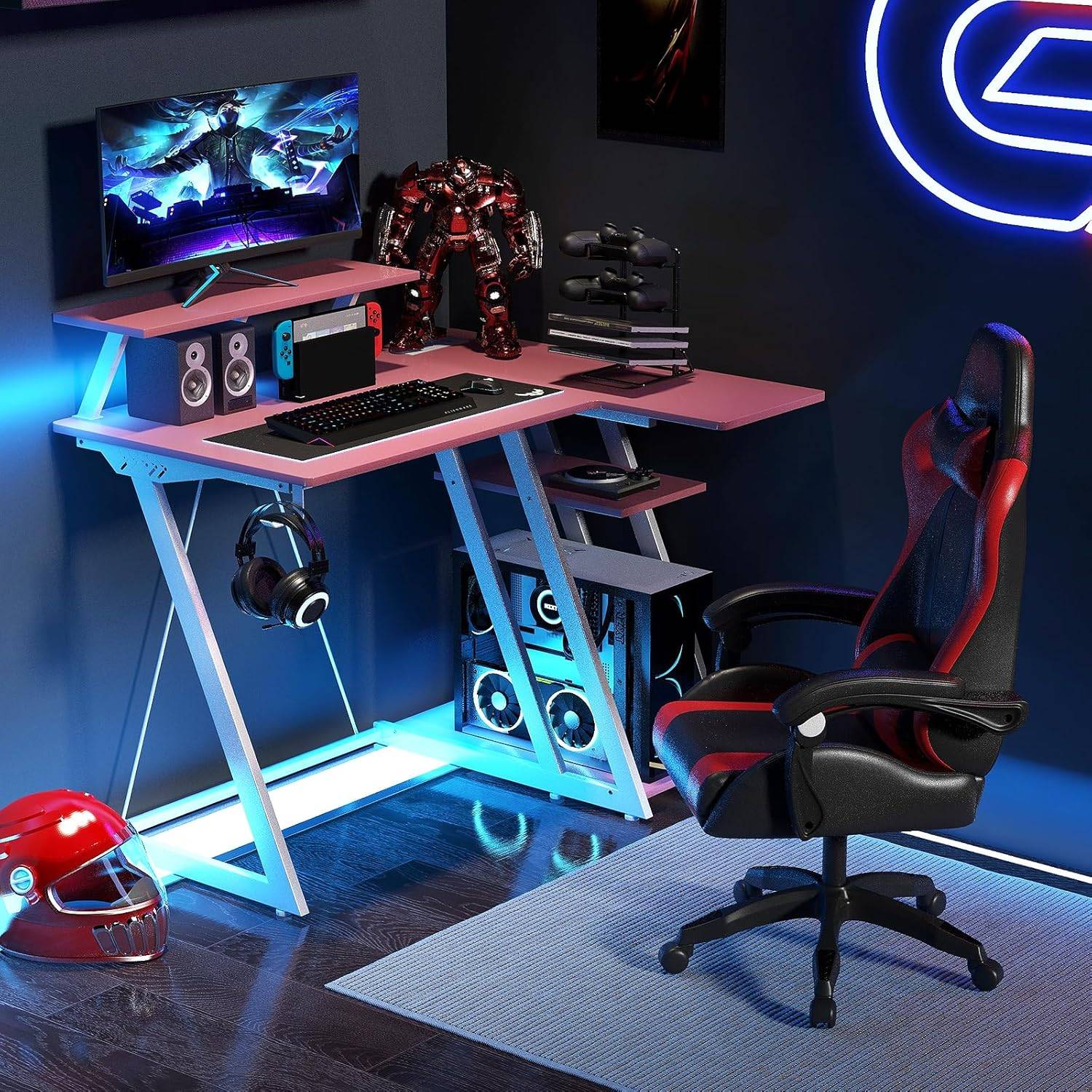 Bureau Gaming d'angle 107 x 80 cm, Bureau d'ordinateur en Forme de L avec Support d'écran, 2 Prises Électriques et 2 Ports USB, Rose - Image 2