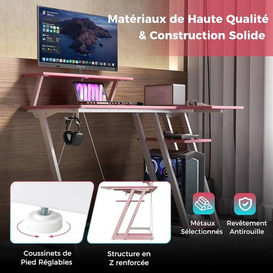 Bureau Gaming d'angle 107 x 80 cm, Bureau d'ordinateur en Forme de L avec Support d'écran, 2 Prises Électriques et 2 Ports USB, Rose - Image 9