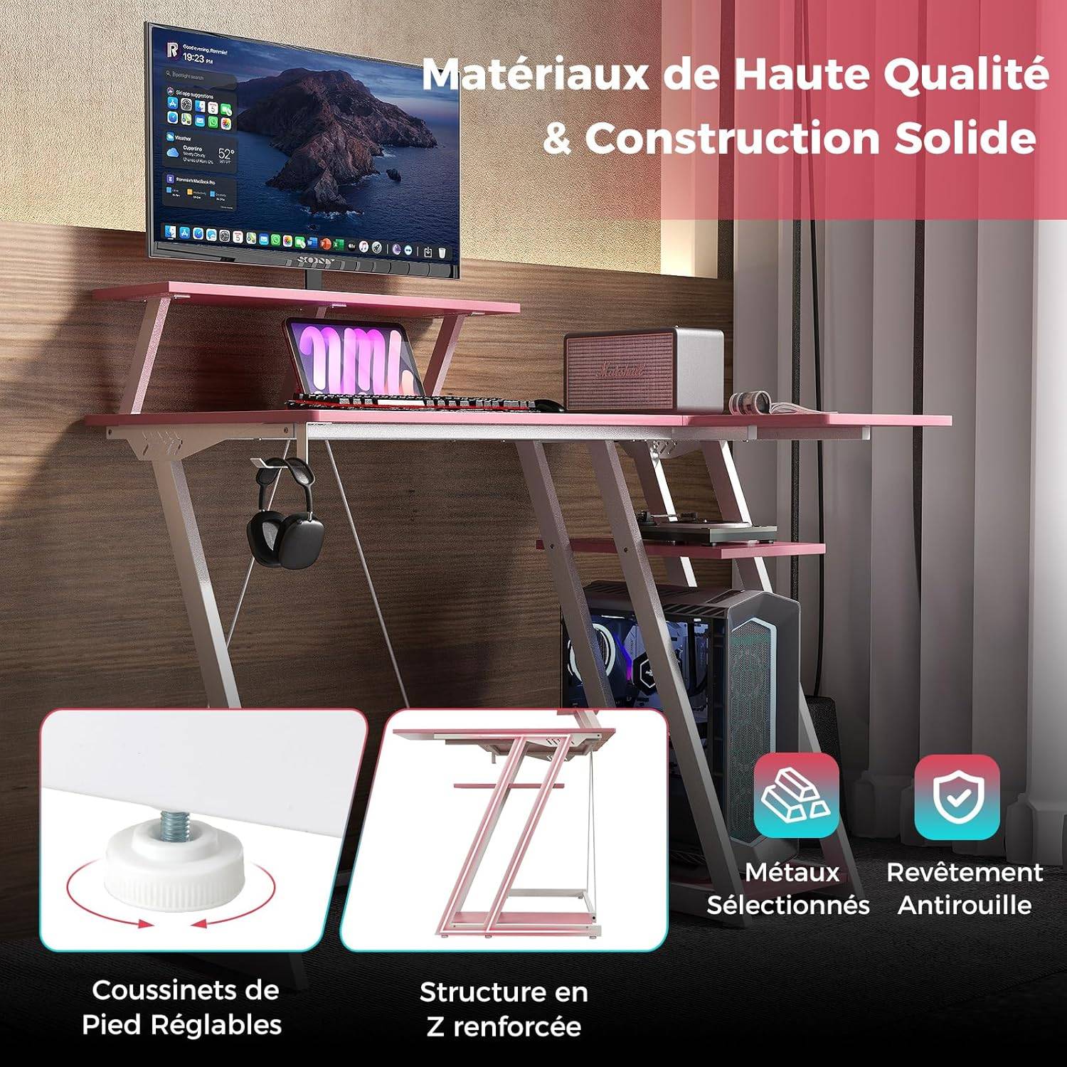 Bureau Gaming d'angle 107 x 80 cm, Bureau d'ordinateur en Forme de L avec Support d'écran, 2 Prises Électriques et 2 Ports USB, Rose - Image 9