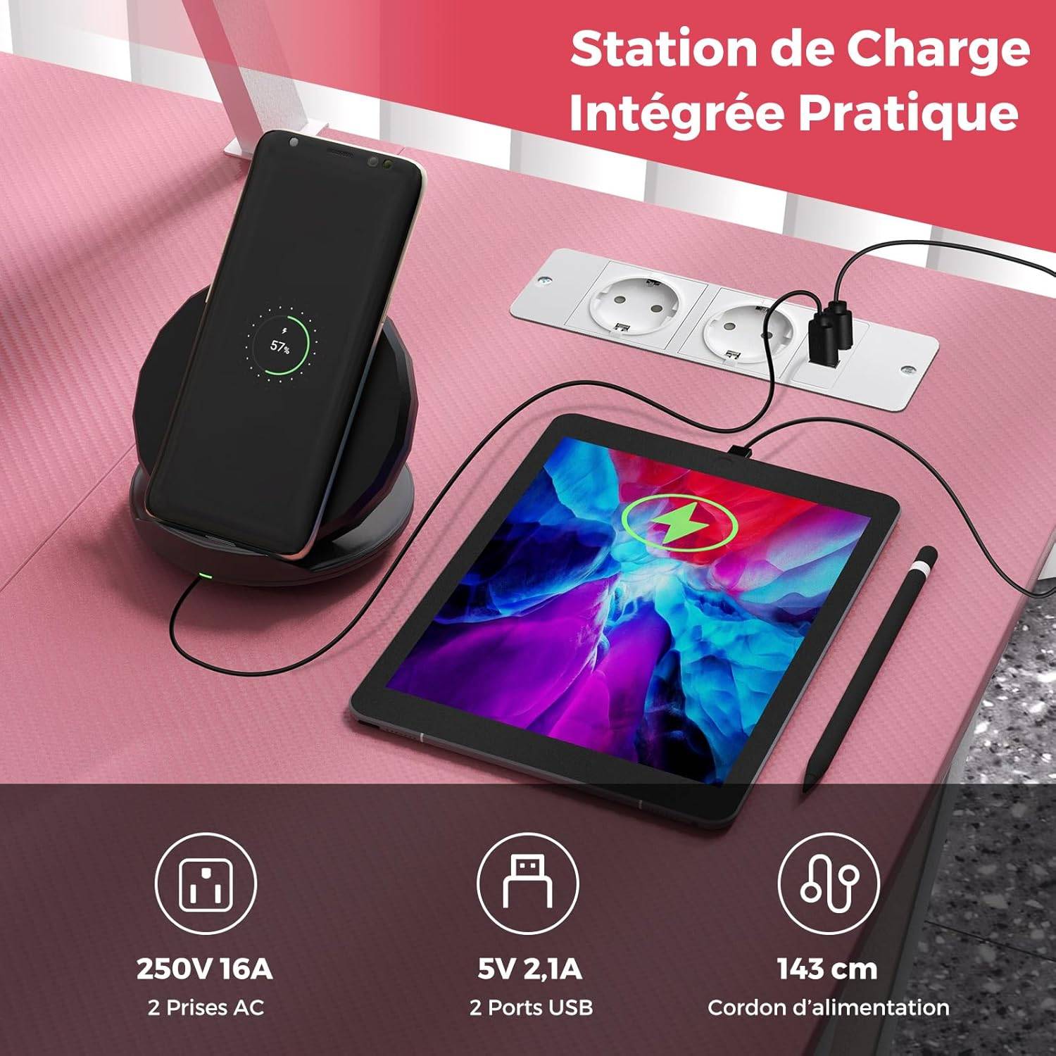 Bureau Gaming d'angle 107 x 80 cm, Bureau d'ordinateur en Forme de L avec Support d'écran, 2 Prises Électriques et 2 Ports USB, Rose - Image 5