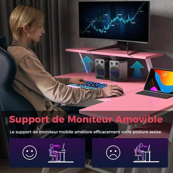 Bureau Gaming d'angle 107 x 80 cm, Bureau d'ordinateur en Forme de L avec Support d'écran, 2 Prises Électriques et 2 Ports USB, Rose - Image 6