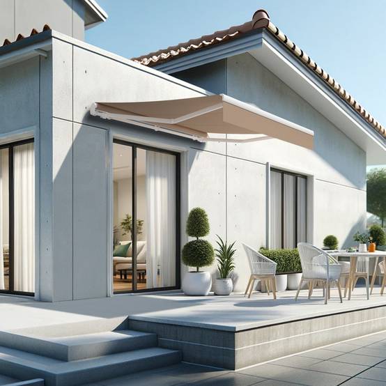 Store banne monobloc ESPAI 3,00x2,00m (Motorisé à télécommande + manœuvre de secours - Taupe - Blanc) - Alia Productions - Imagen 1