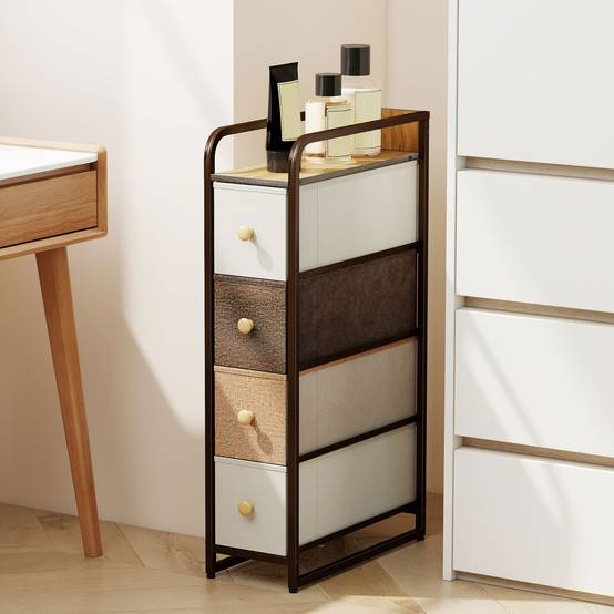Commode 4 tiroirs tissu avec structure acier et plateau bois, meuble rangement chambre salon bureau 20x47x84,5 cm multicolore - Image 3