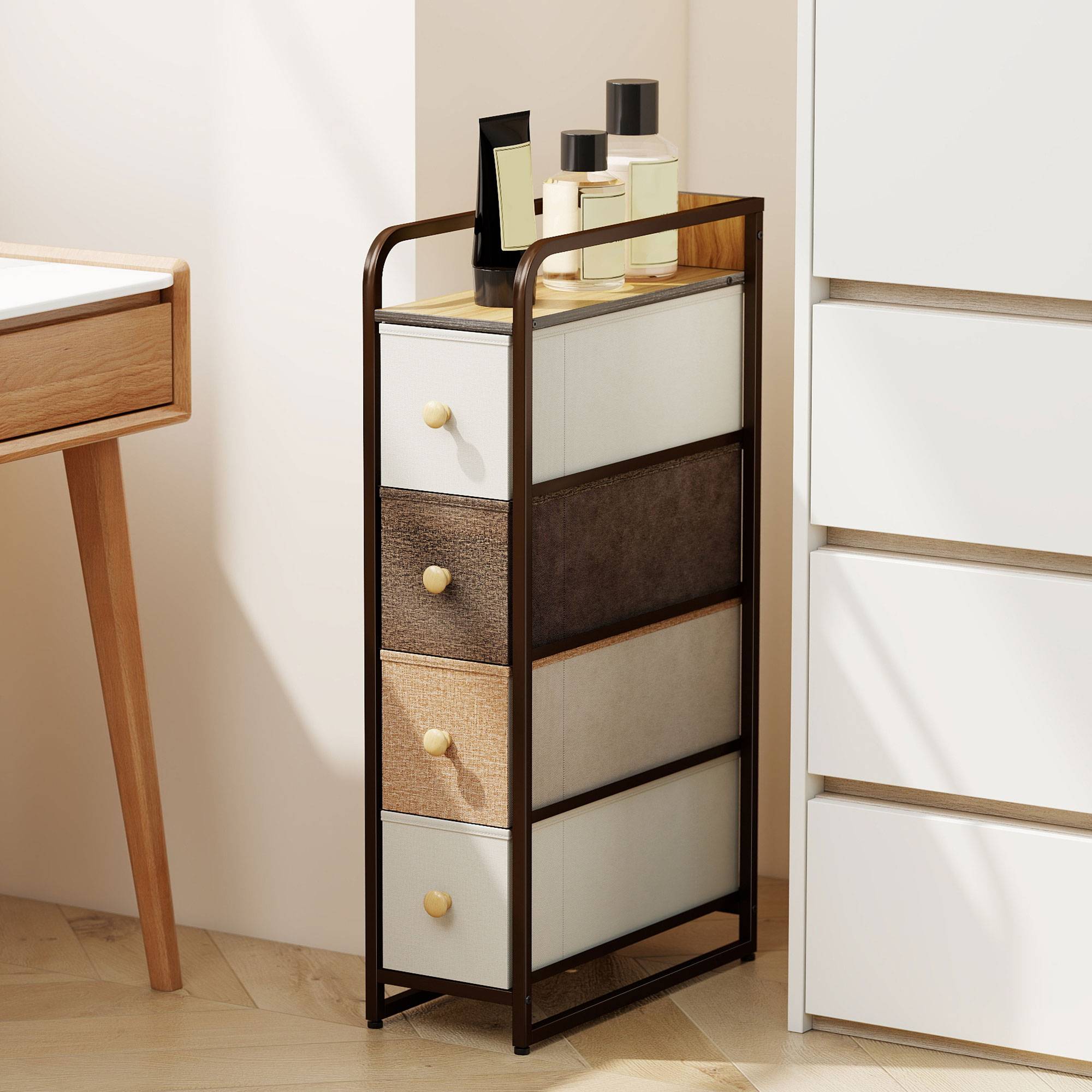 Commode 4 tiroirs tissu avec structure acier et plateau bois, meuble rangement chambre salon bureau 20x47x84,5 cm multicolore - Image 3