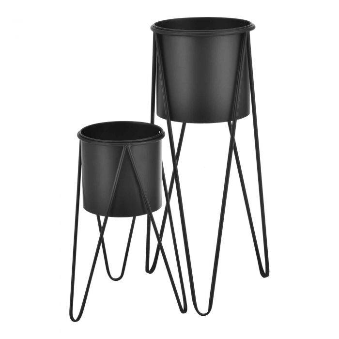 Helloshop26 - Set de 2 supports de plante cache pot pot de fleur bac à fleurs vase métal noir - Imagen 1