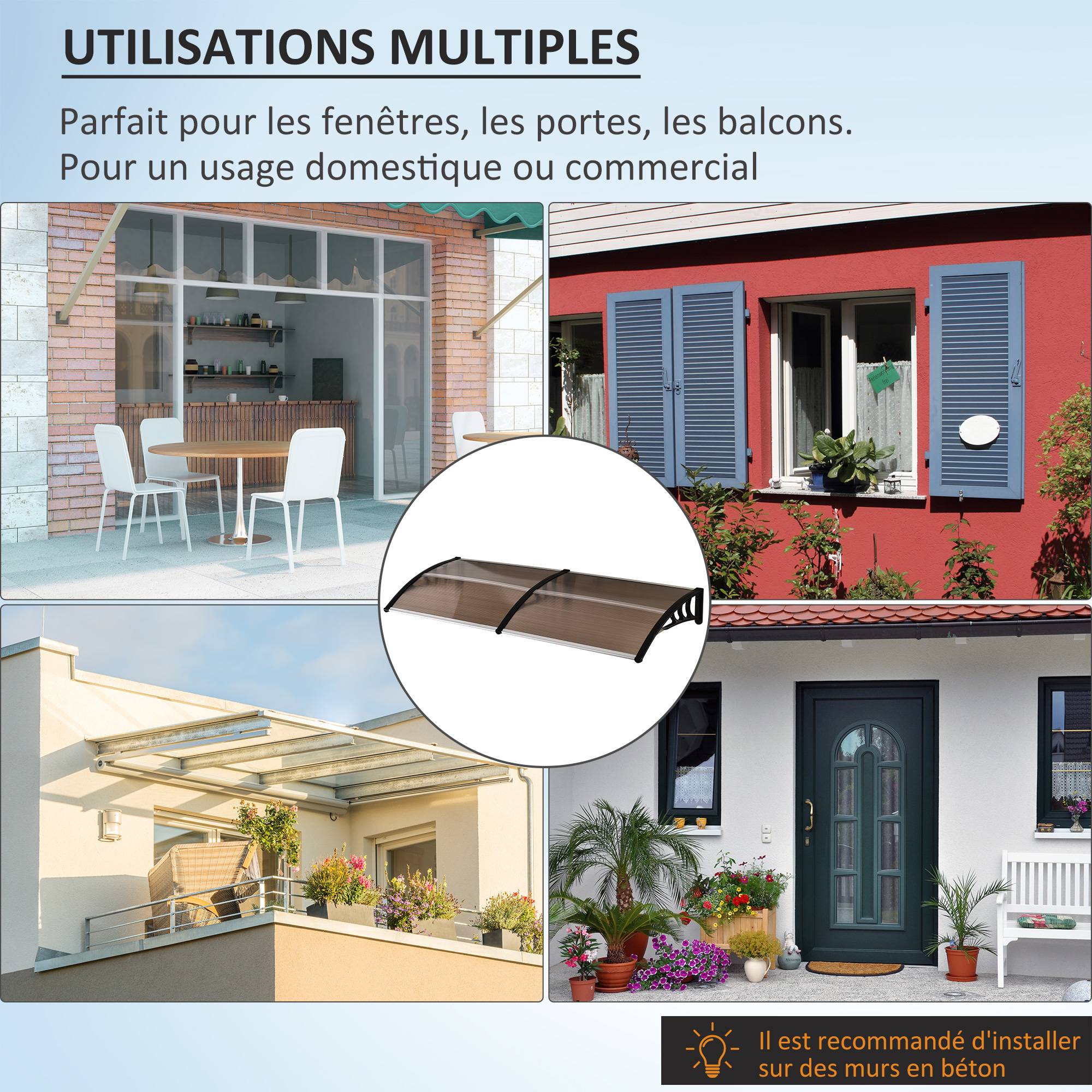 Outsunny - Auvent marquise de porte design voûté arrondi dim. 195L x 80l x 23H cm polycarbonate fumé brun plastique noir - Outsunny - Imagen 6
