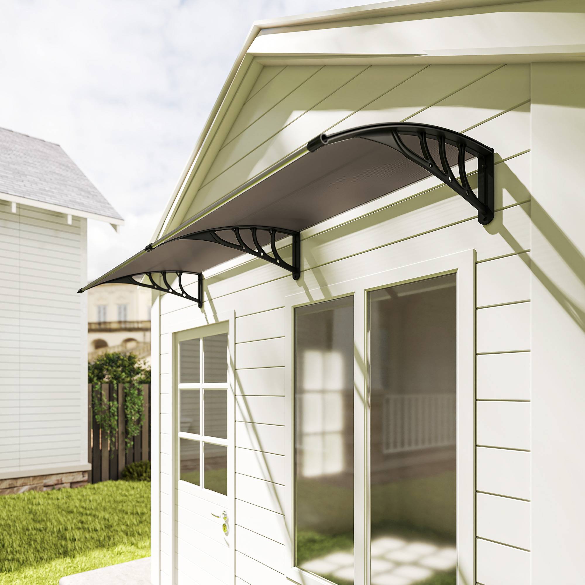 Outsunny - Auvent marquise de porte design voûté arrondi dim. 195L x 80l x 23H cm polycarbonate fumé brun plastique noir - Outsunny - Imagen 2