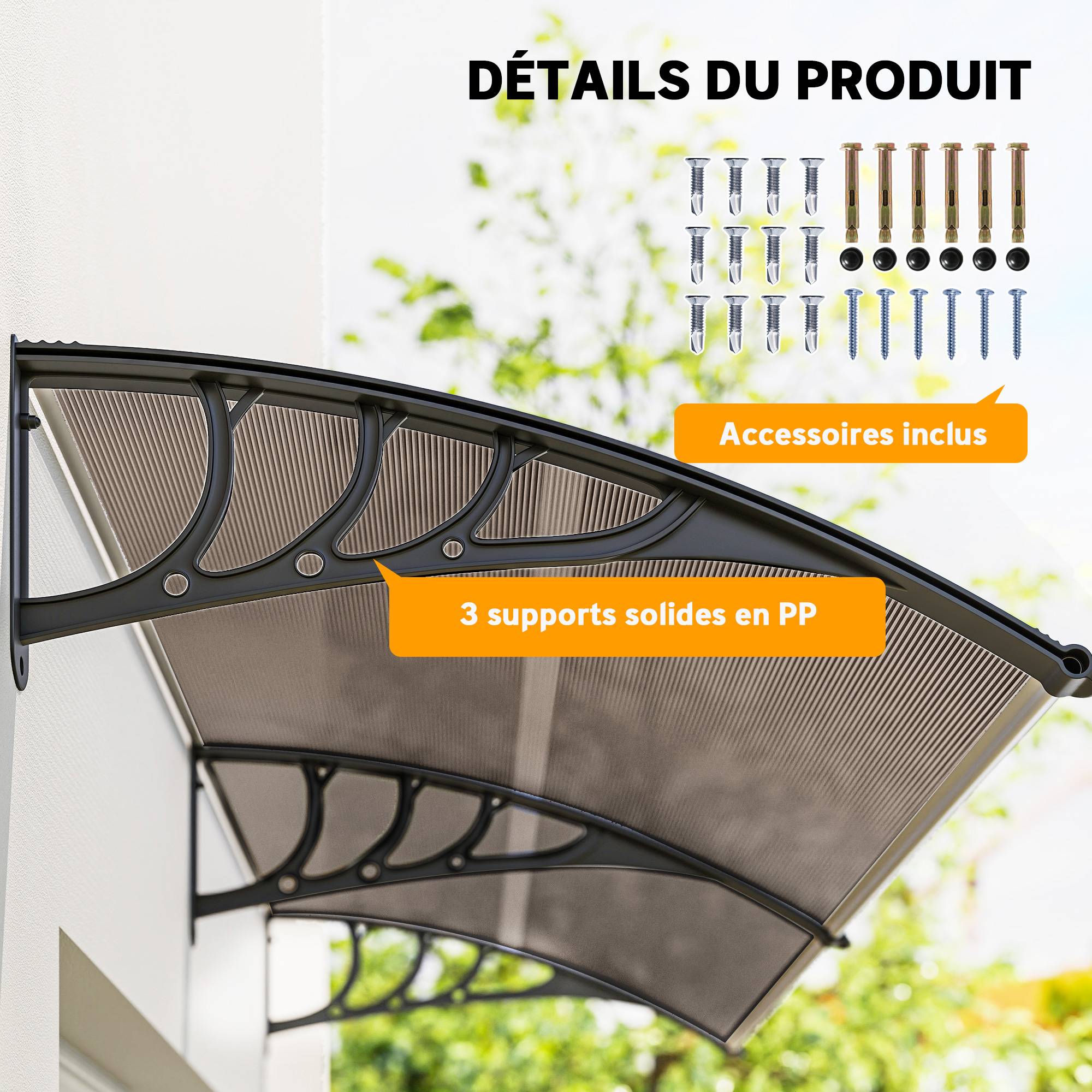 Outsunny - Auvent marquise de porte design voûté arrondi dim. 195L x 80l x 23H cm polycarbonate fumé brun plastique noir - Outsunny - Imagen 4