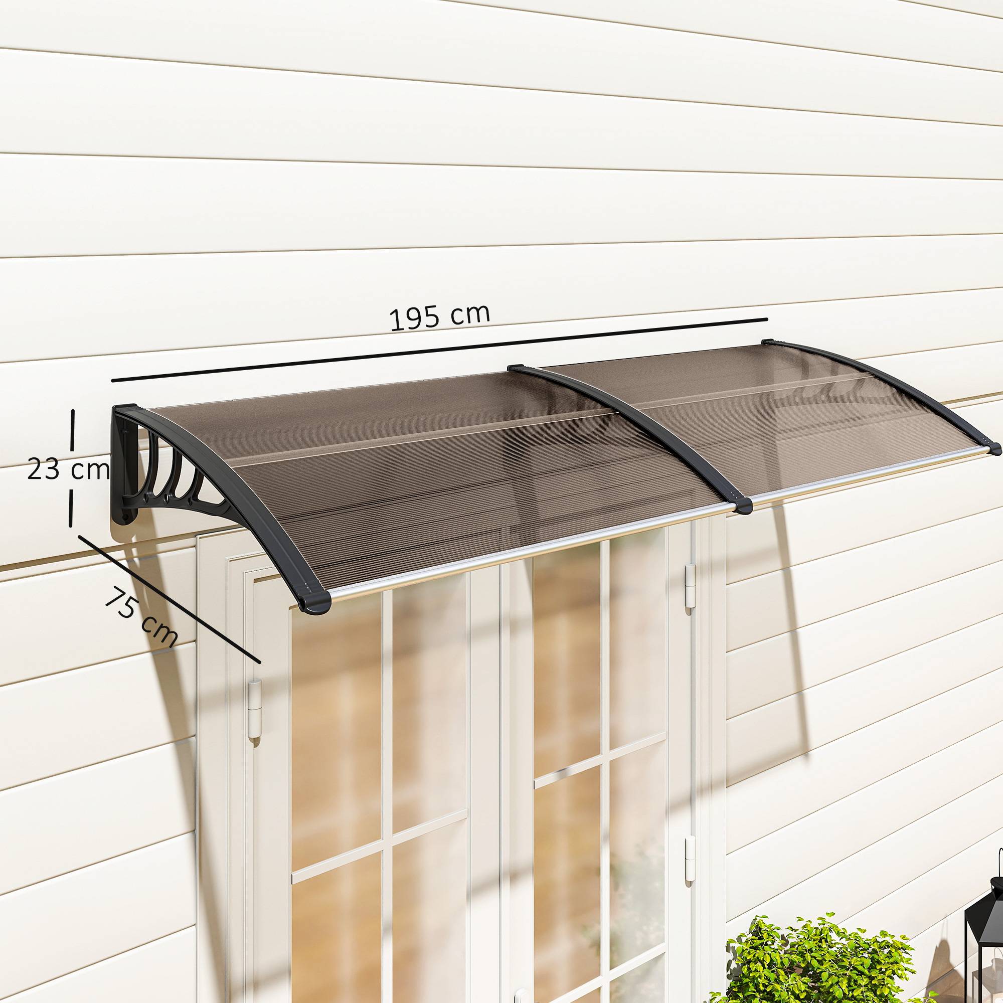 Outsunny - Auvent marquise de porte design voûté arrondi dim. 195L x 80l x 23H cm polycarbonate fumé brun plastique noir - Outsunny - Imagen 3