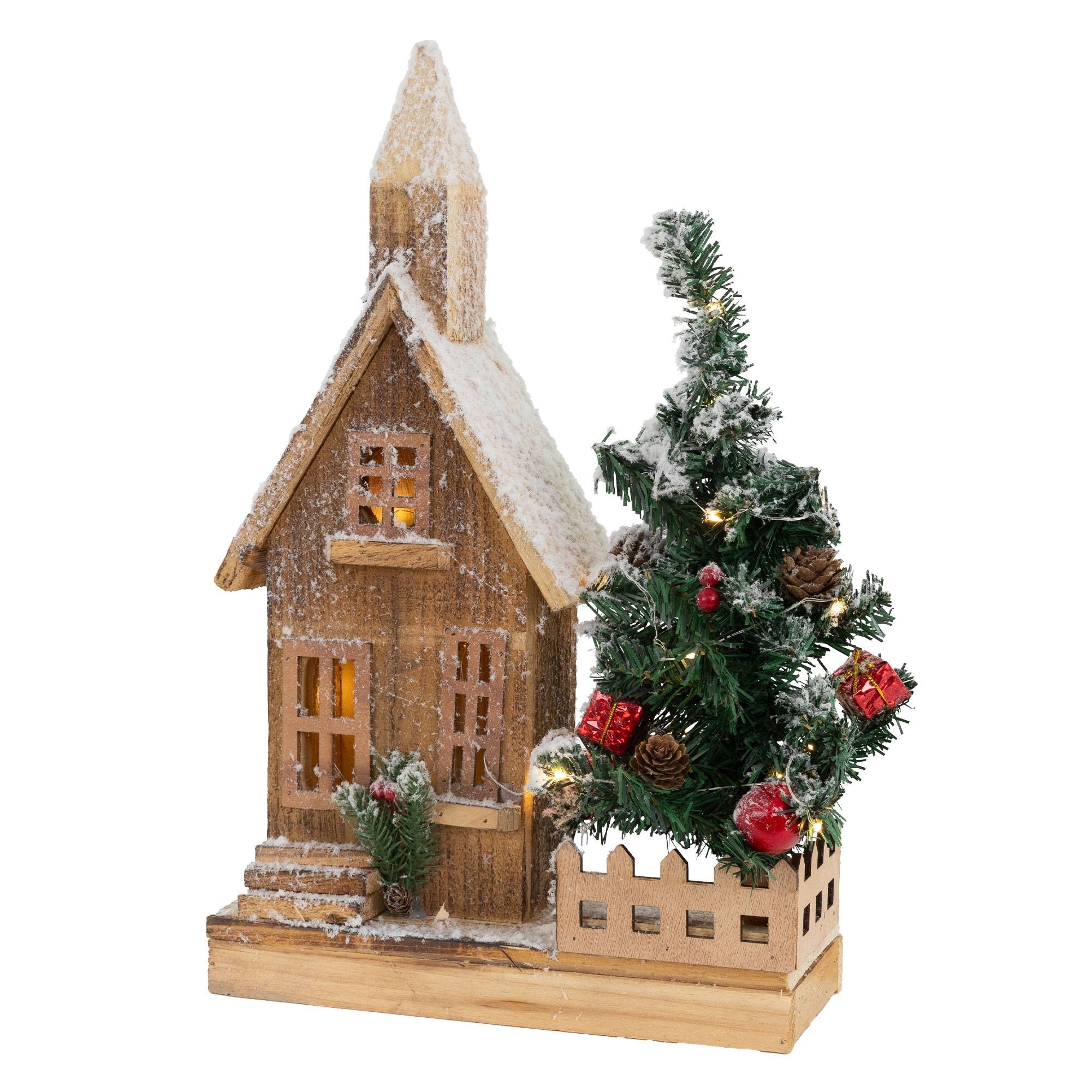 Ecd-Germany - Maison de Noël décoration hiver LED ornement en bois avec minuterie 27x11x44 cm - Imagen 1