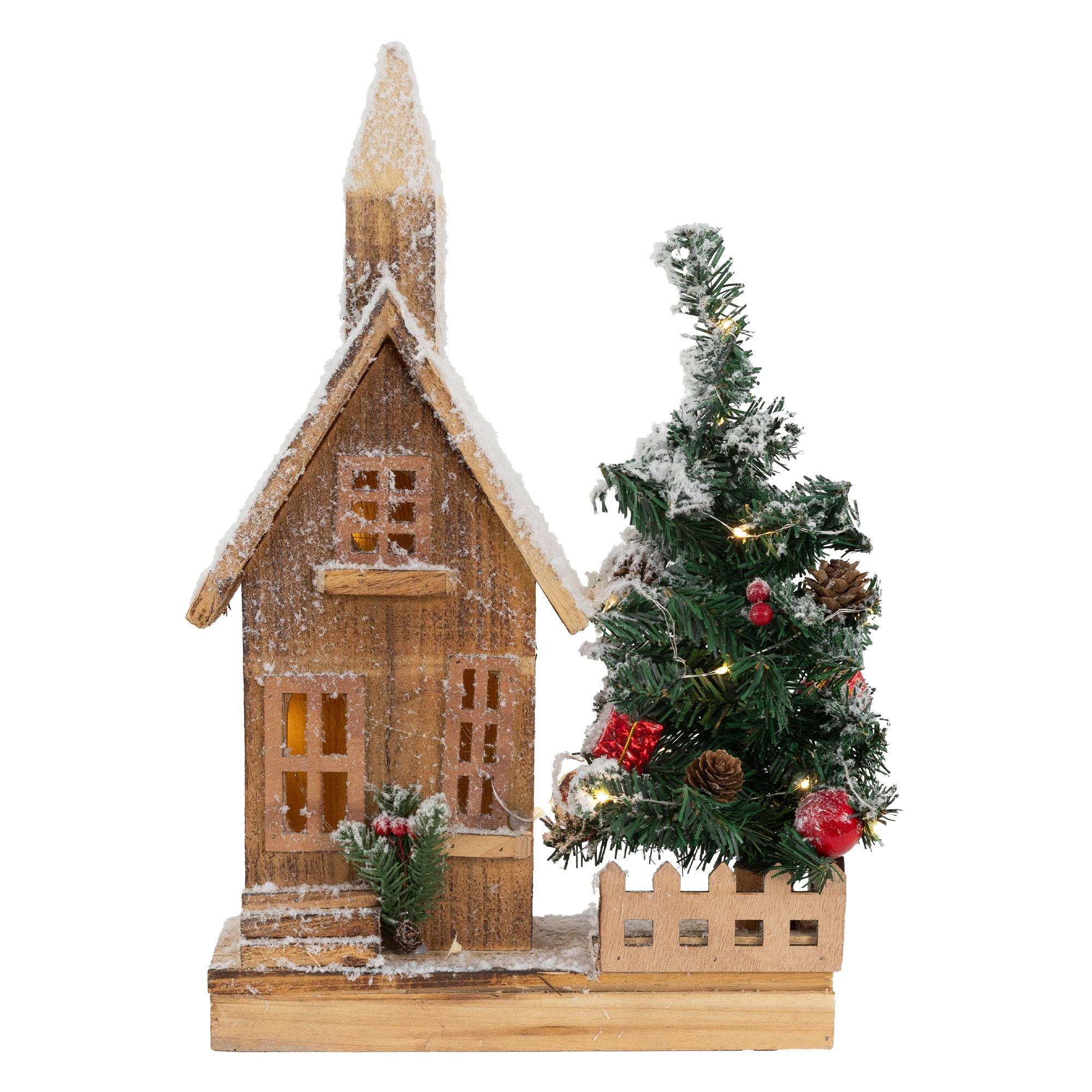 Ecd-Germany - Maison de Noël décoration hiver LED ornement en bois avec minuterie 27x11x44 cm - Imagen 2