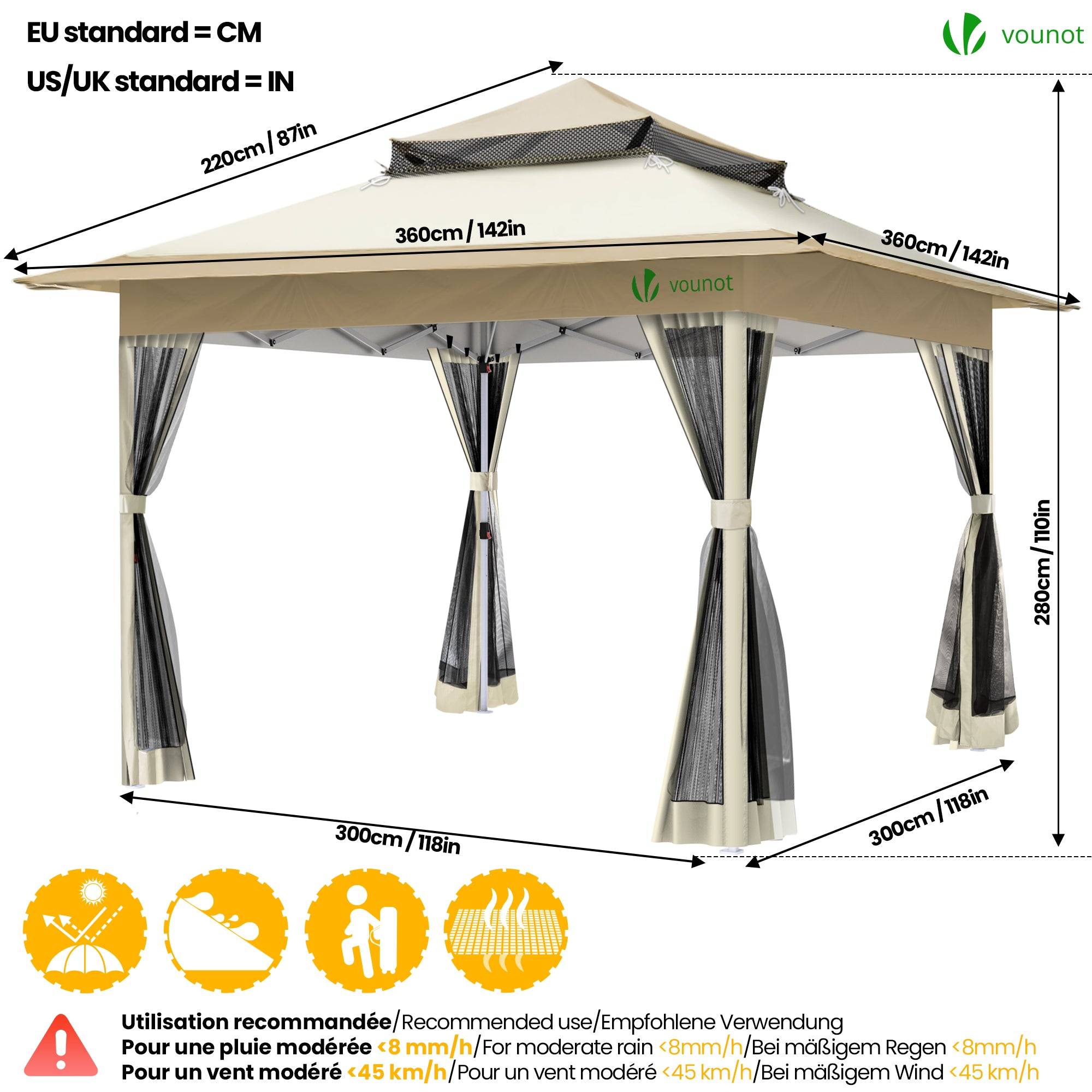 VOUNOT® Tonnelle de jardin 3,6x3,6m pliable avec moustiquaire installation facile POP UP beige - Image 5