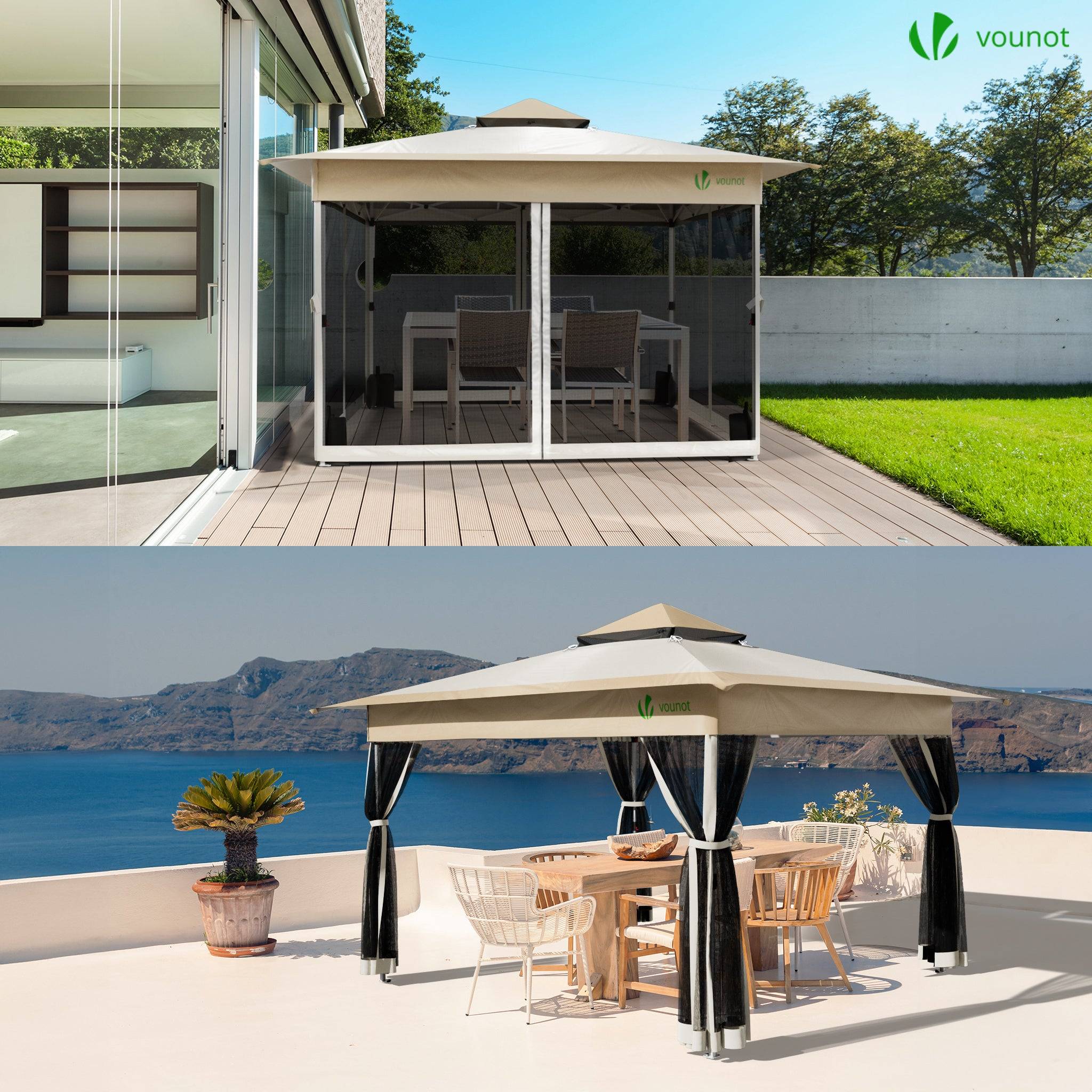 VOUNOT® Tonnelle de jardin 3,6x3,6m pliable avec moustiquaire installation facile POP UP beige - Image 2