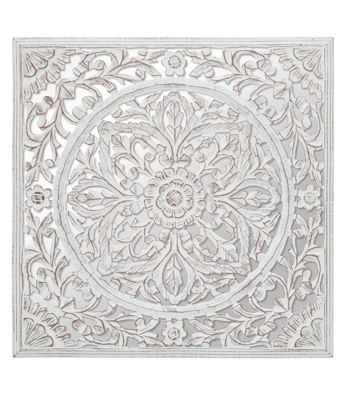 Décoration murale en Bois Blanc sculpté aspect vieilli avec Miroir 58 x 58 cm - Imagen 1