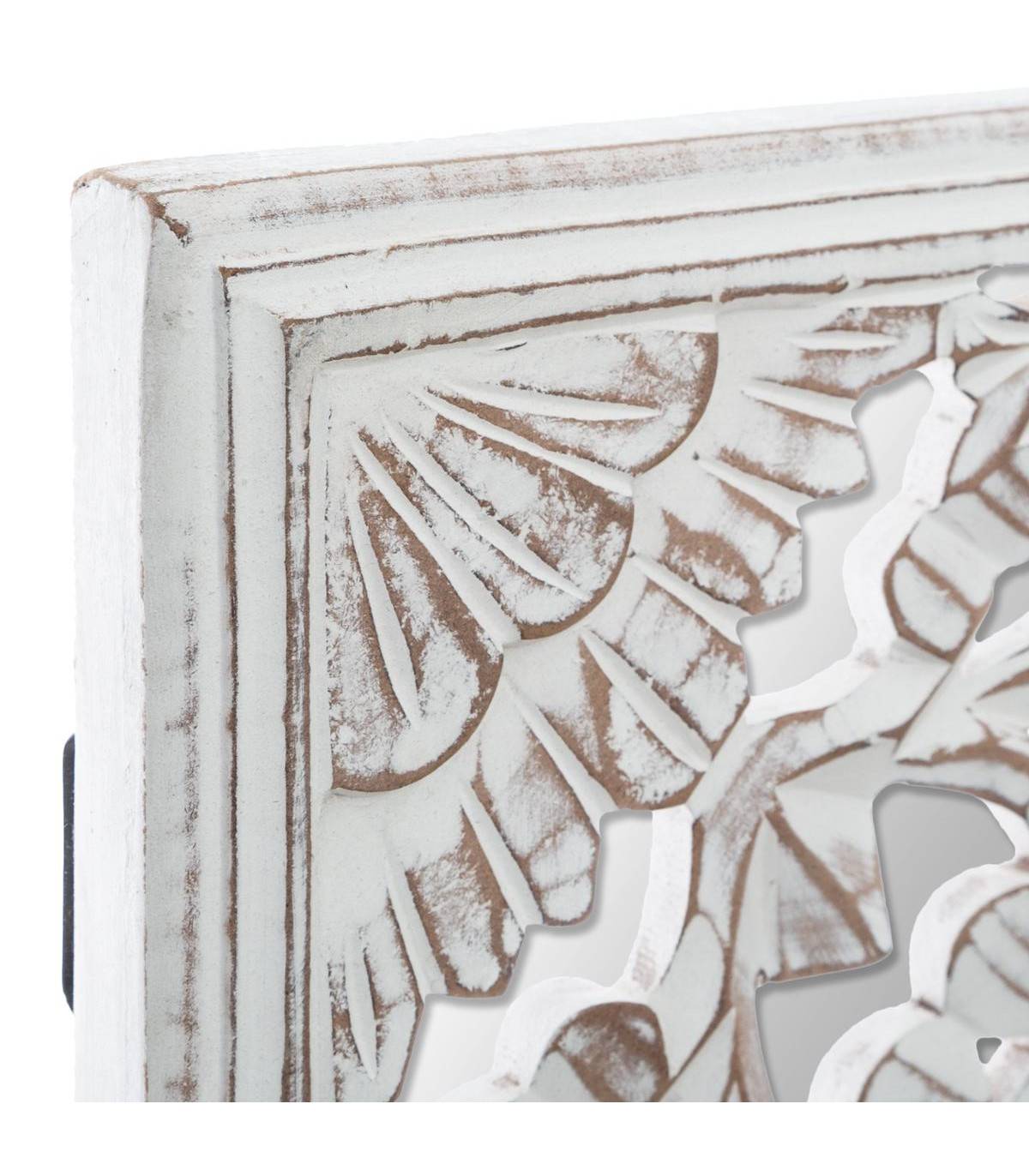 Décoration murale en Bois Blanc sculpté aspect vieilli avec Miroir 58 x 58 cm - Imagen 2