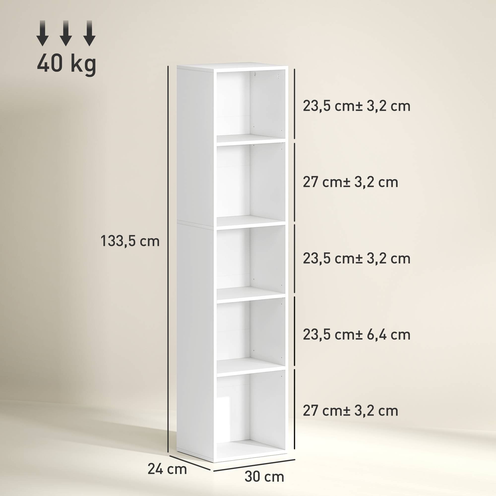 Bibliothèque, 5 compartiments, étagères réglables, bois, 30 x 24 x 133,5 cm, blanche - Image 5