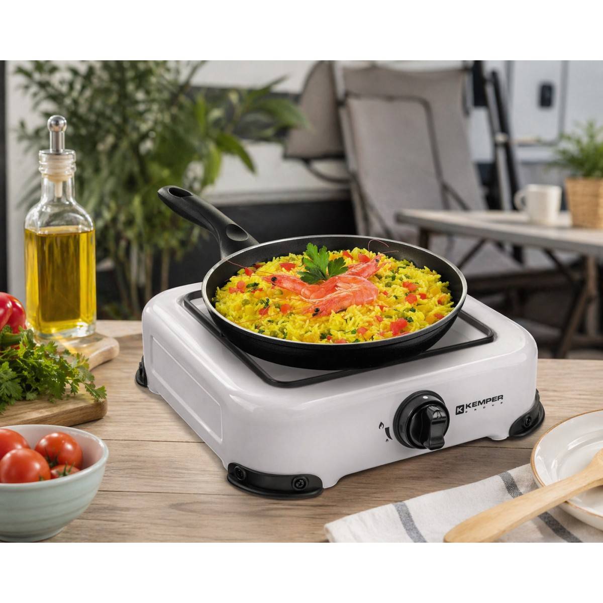 Réchaud gaz de camping 1 feu 1300W Blanc Grille amovible 4 Pieds KEMPER - Imagen 3