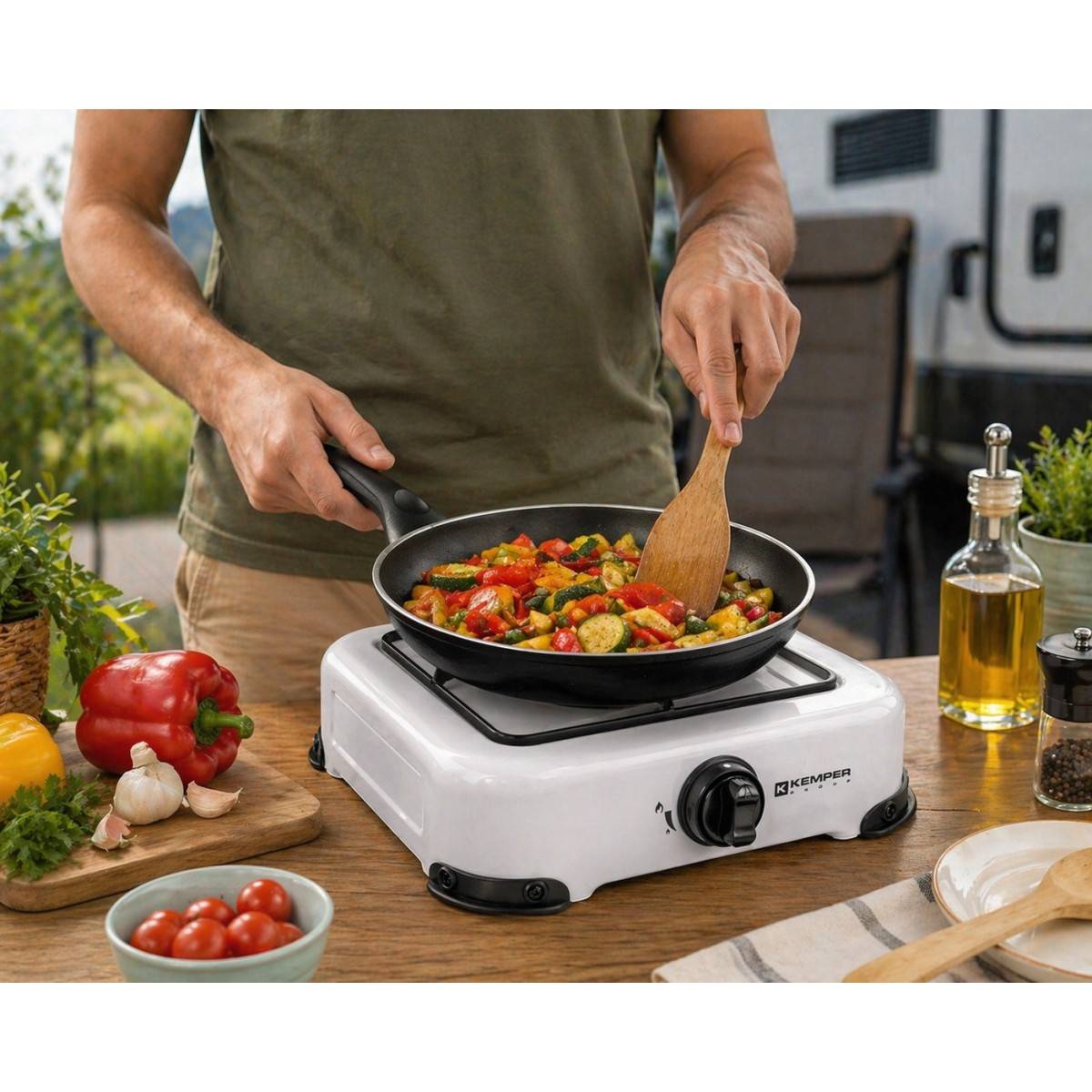 Réchaud gaz de camping 1 feu 1300W Blanc Grille amovible 4 Pieds KEMPER - Imagen 2