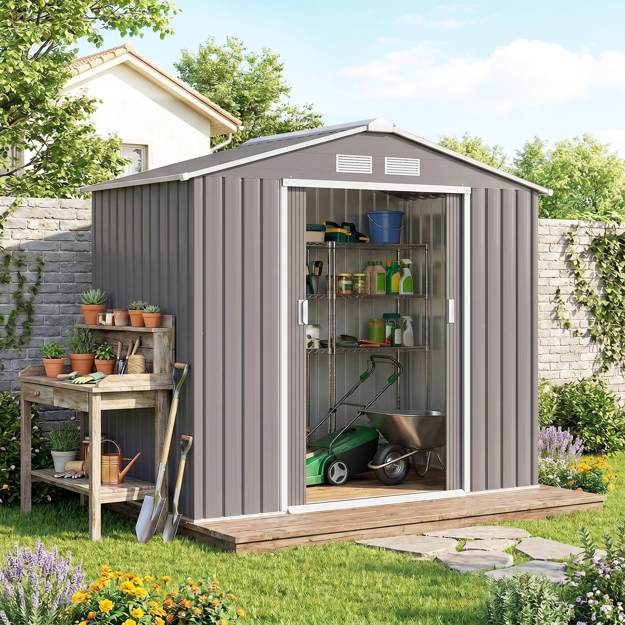 Abri de jardin 213 x 130 x 185 cm, abri de rangement extérieur en métal gris - Image 4