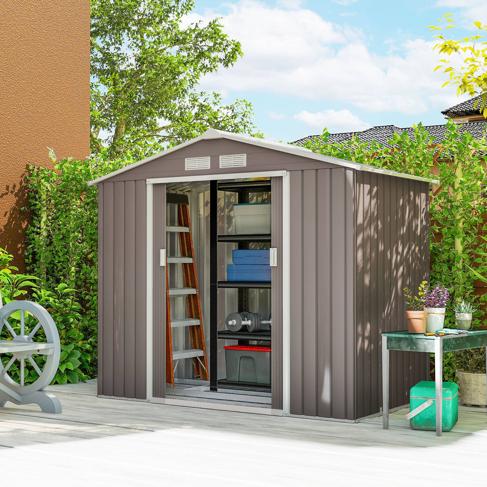 Abri de jardin 213 x 130 x 185 cm, abri de rangement extérieur en métal gris - Image 10