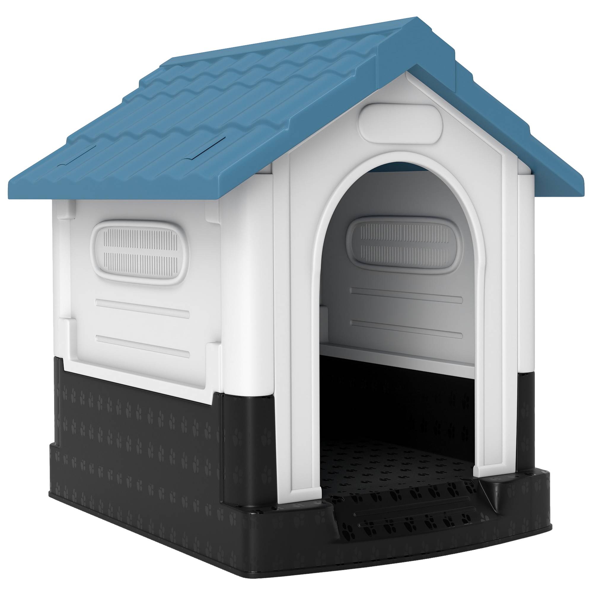 Niche mini extérieure en plastique, 3 fenêtres, base surélevée, toit incliné, 64,5x57x66 cm, bleu