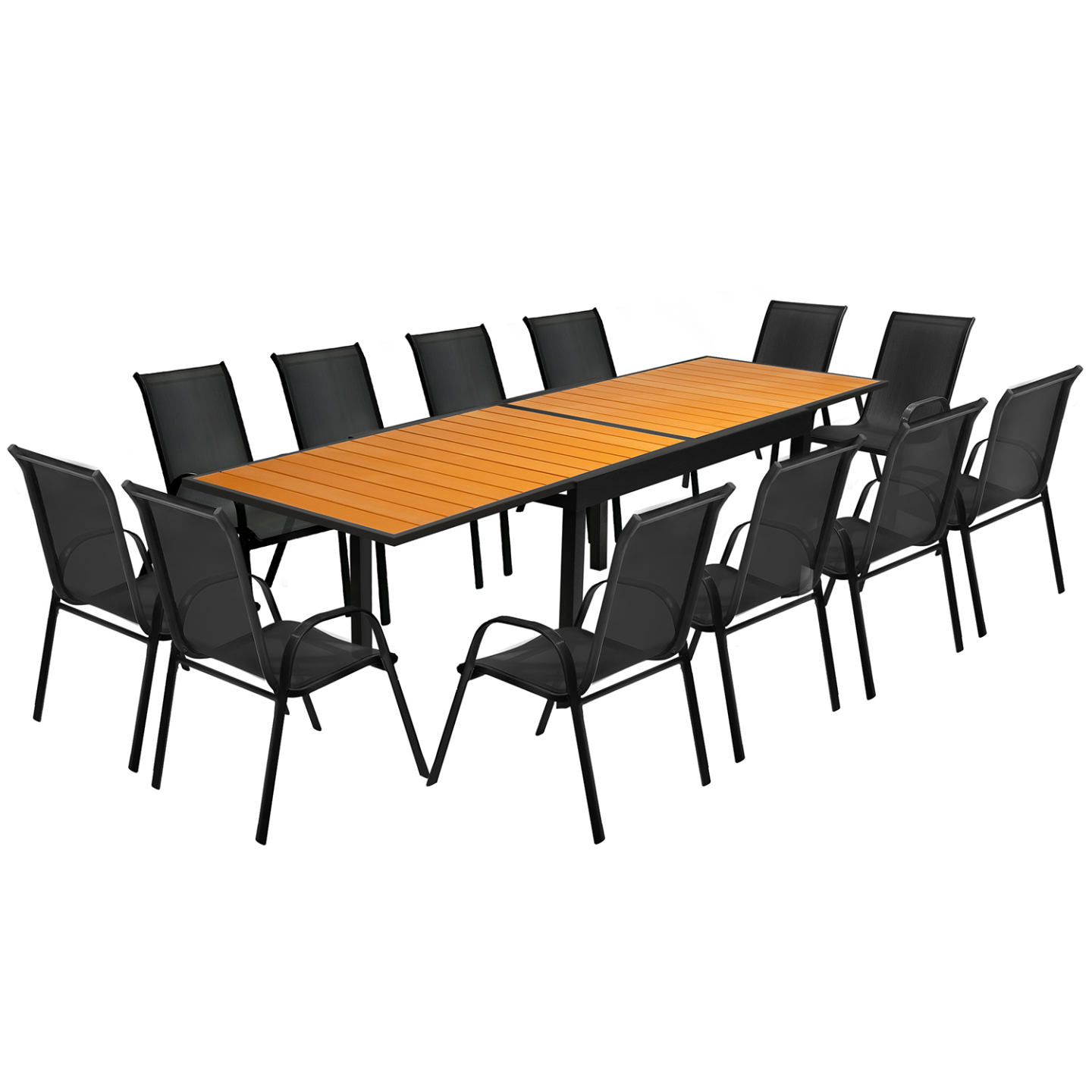 Salon de jardin POLY table extensible 135-270 CM et 12 chaises bois et noir - Image 2