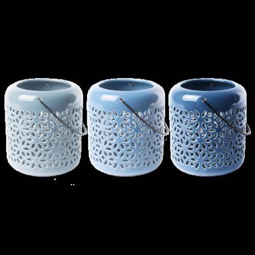 Esschert Design - Lanterne bleu lot de 3 - Décoration céramique 13,5 cm - Imagen 3