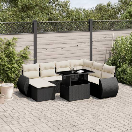 Grand Ensemble Canapé 8 Places et Pouf en Résine Tressée Table Ajustable Noir – ComfortXL Outdoor Living - Image 1