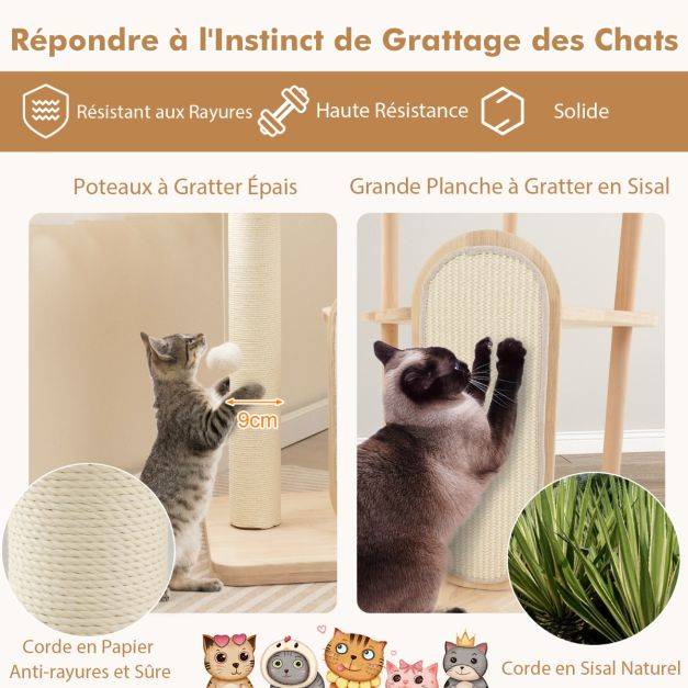 Helloshop26 - Arbre à chat en bois pour chats tour à chat moderne à plusieurs niveaux planche à gratter poteau en sisal perchoir 112 cm rembourré - Imagen 3
