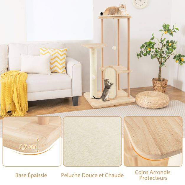 Helloshop26 - Arbre à chat en bois pour chats tour à chat moderne à plusieurs niveaux planche à gratter poteau en sisal perchoir 112 cm rembourré - Imagen 2
