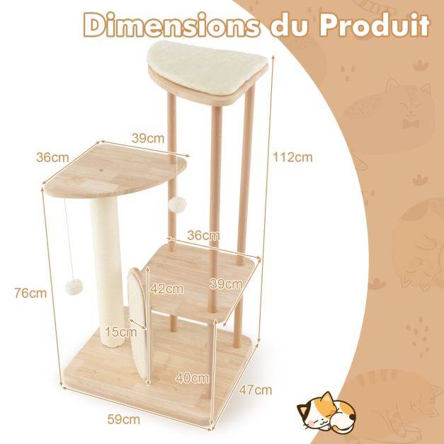 Helloshop26 - Arbre à chat en bois pour chats tour à chat moderne à plusieurs niveaux planche à gratter poteau en sisal perchoir 112 cm rembourré - Imagen 4