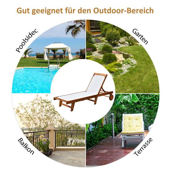 Chaise longue Relax Chaise longue de jardin Meuble de jardin Bois d’acacia ajustable Textile naturel + blanc 198 x 55 x 30-88,5 cm - Image 7