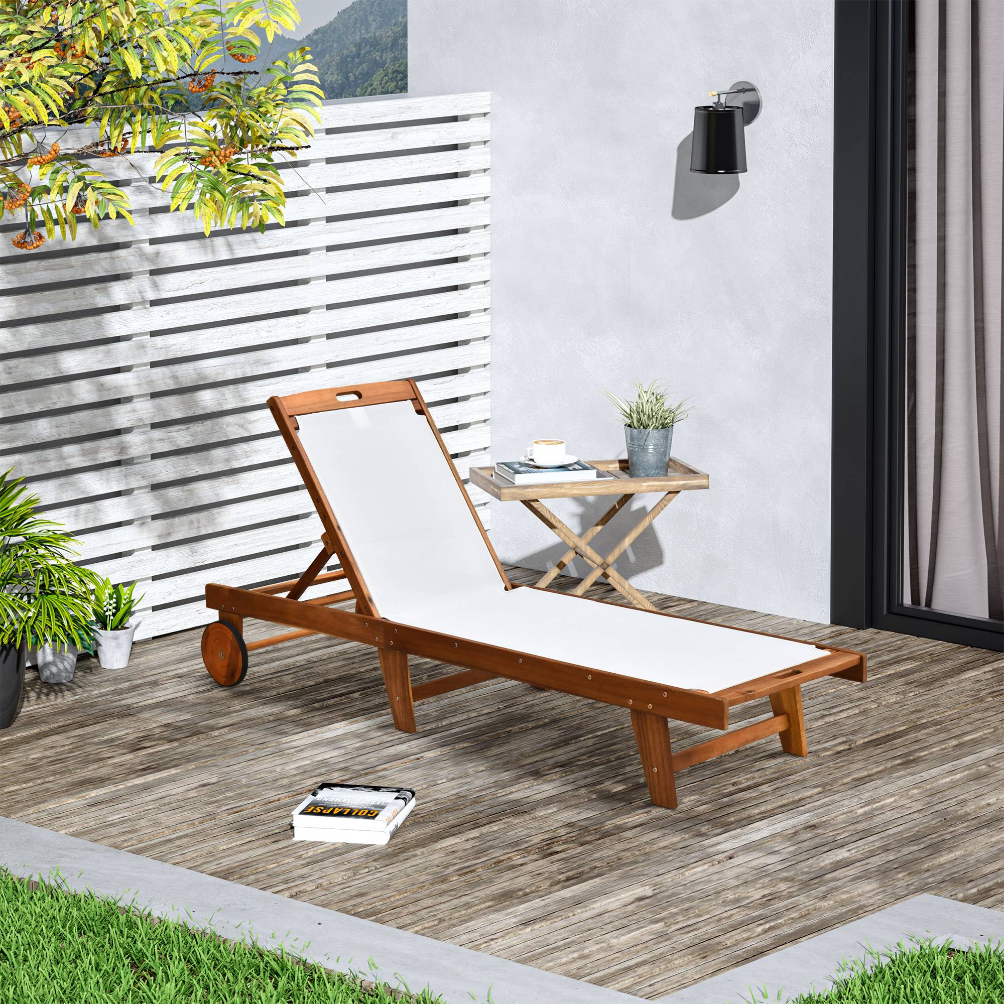 Chaise longue Relax Chaise longue de jardin Meuble de jardin Bois d’acacia ajustable Textile naturel + blanc 198 x 55 x 30-88,5 cm - Image 2
