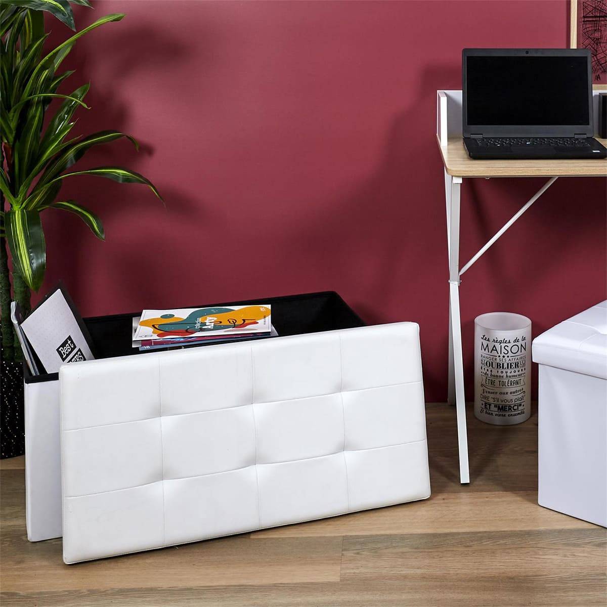 ALTOBUY - Banc Coffre Pliable Simili Cuir Blanc Capitonné - RONNY - Image 4