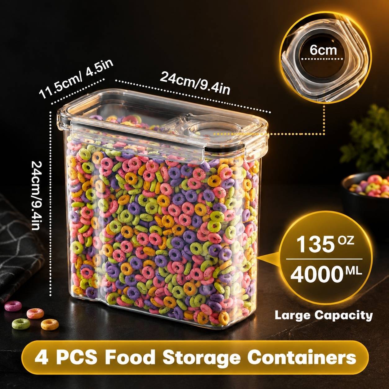 Boîtes de Rangement Alimentaire Plastique Lot de 4 avec Contenant 4L pour Céréales Pâtes Farine - Image 2