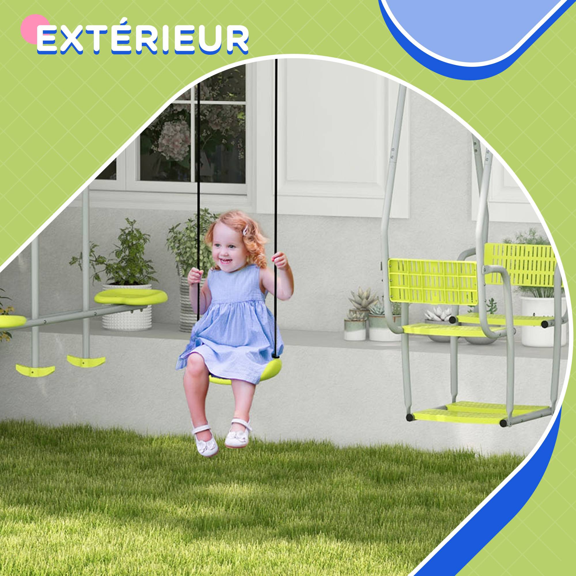 3 en 1 balançoire portique enfant avec 2 face à face et 1 siège de balançoire charge max. 225 kg vert - Image 8