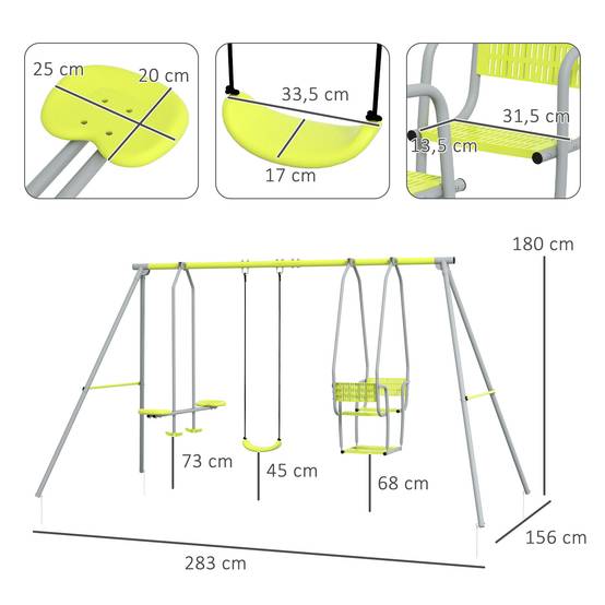 3 en 1 balançoire portique enfant avec 2 face à face et 1 siège de balançoire charge max. 225 kg vert - Image 5