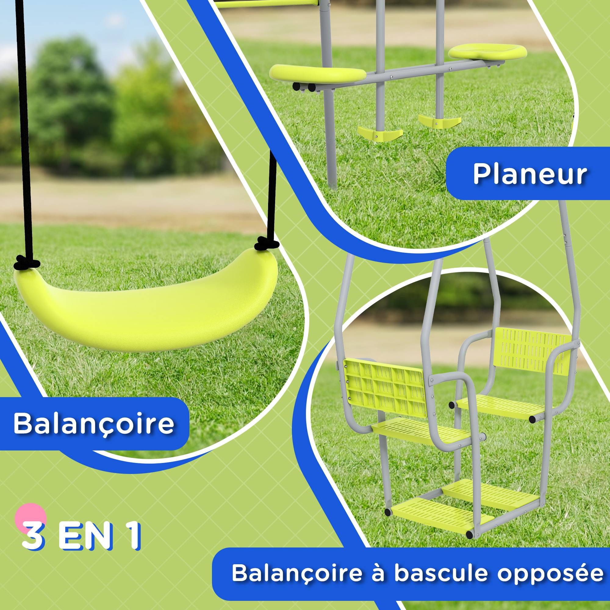 3 en 1 balançoire portique enfant avec 2 face à face et 1 siège de balançoire charge max. 225 kg vert - Image 7